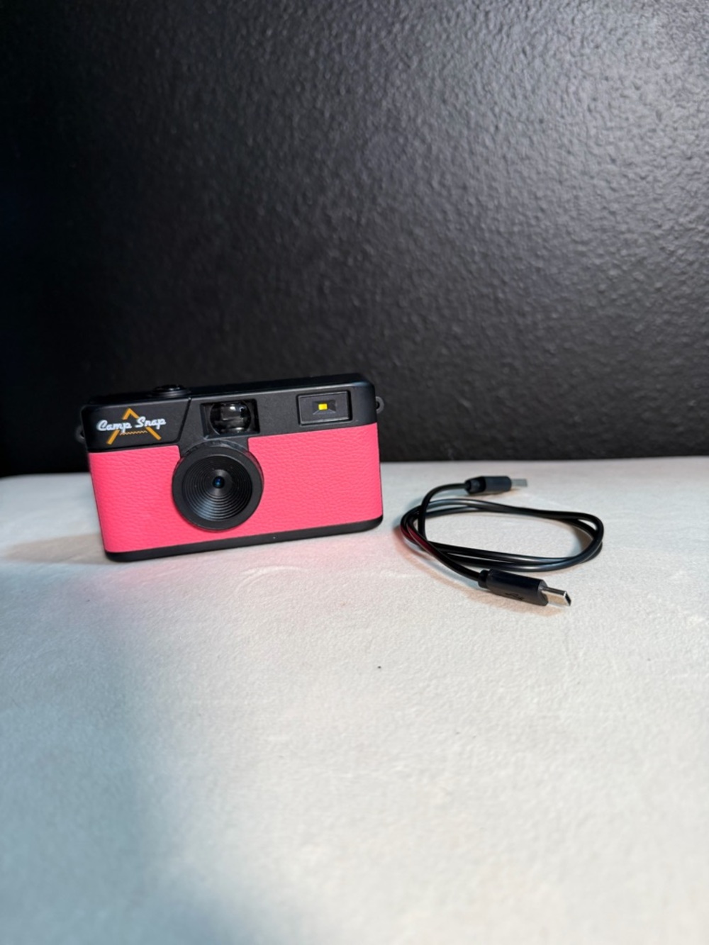 Pink Compact Film Camera with USB Charging Cable